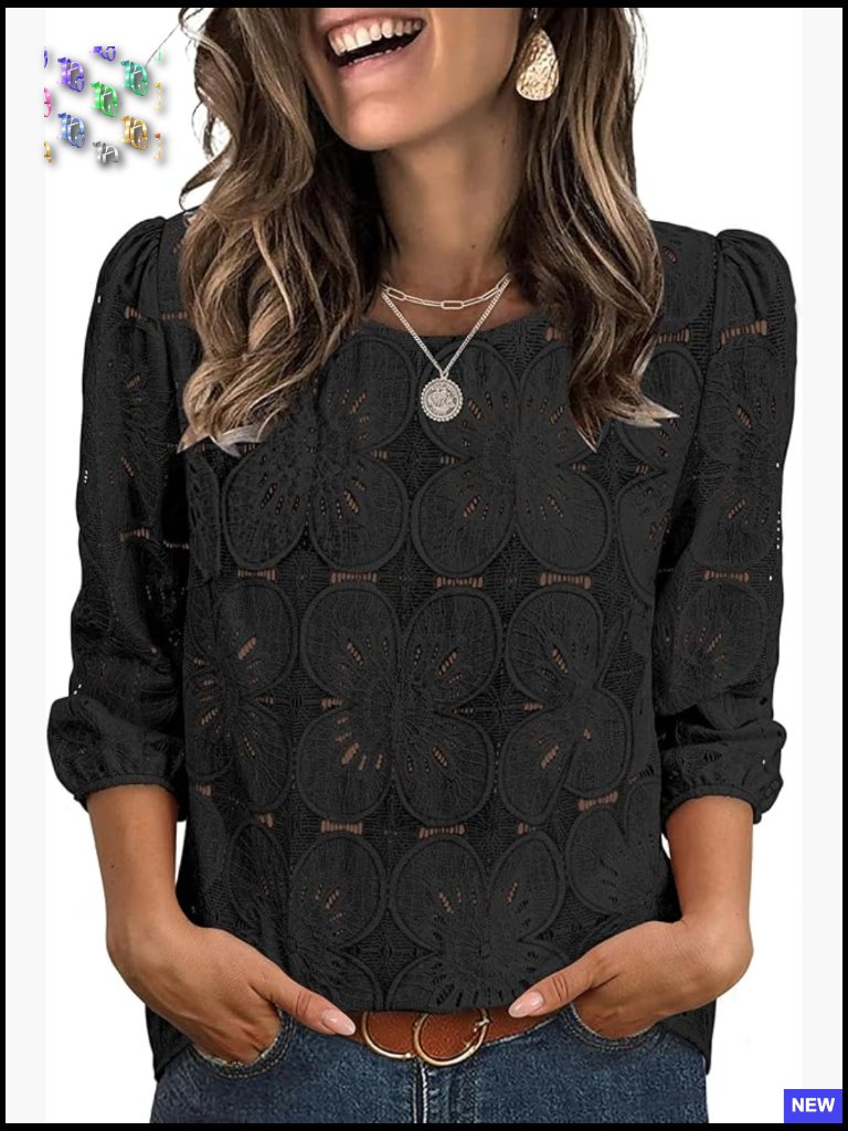 Dressy Casual Blouse 3/4 Sleeve Eyelet Lace Peasant Top For Women Spring Summer